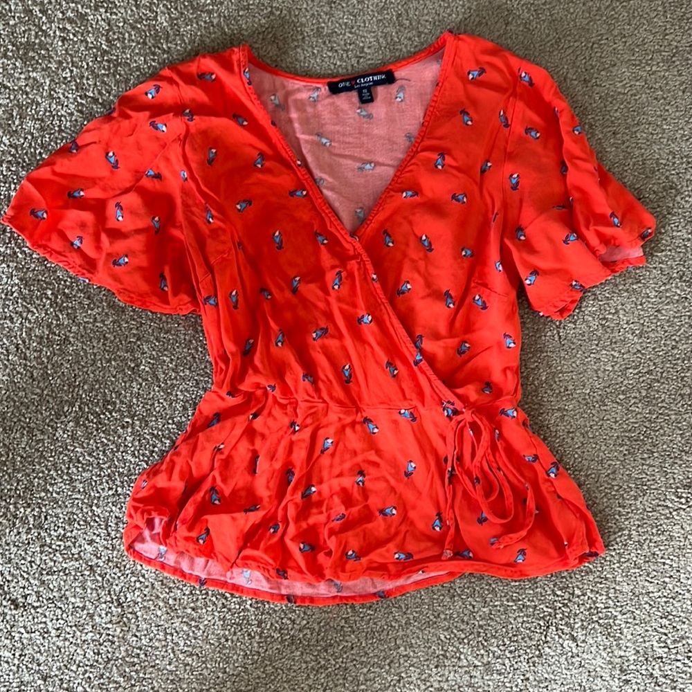 Short sleeve Orange with blue flowers crop top, size small